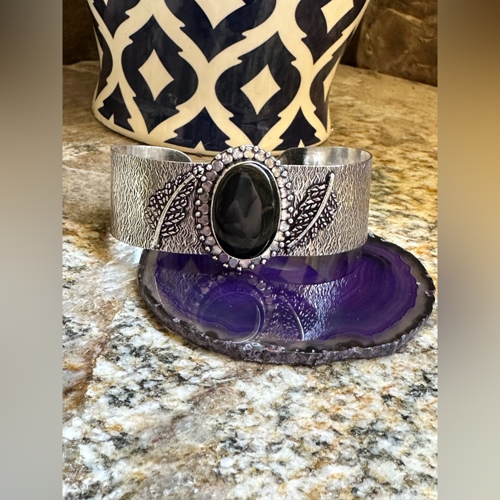 Silver Leaf Black Onyx Cuff Bracelet